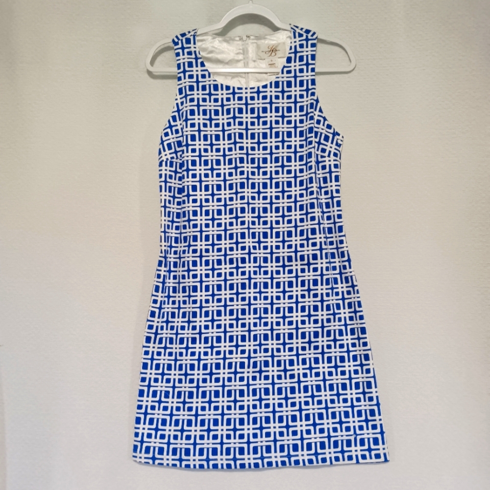 Blue and White Julie Brown Leah dress, Geometric Pattern Dress
